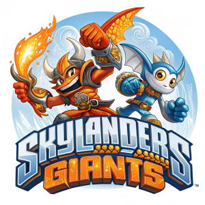Logo for Skylanders Giants. Vibrant colors, orange and blue dominate. Characters in action poses. Fun and dynamic design.