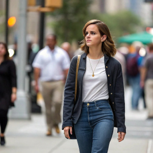 Emma Watson in a casual yet chic outfit, walking confidently down a bustling city street. Focused candid shot with blurred pedestrians in the background.