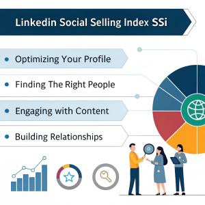 Infographic: LinkedIn's Social Selling Index (SSI) Breakdown. Elements include Optimizing Your Profile, Finding the Right People, Engaging with Content, and Building Relationships. Visuals show percentages of each aspect contributing to SSI score.