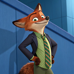 Nick Wilde, a fox character from Zootopia, dressed in a formal suit, green shirt, and striped tie. Posed confidently with a mischievous smile. Blue backdrop, no other characters visible
