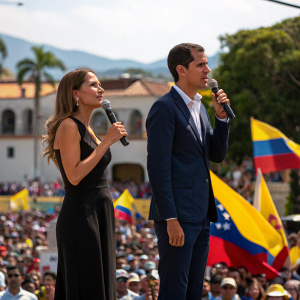 Fabiana Rosales, in elegant black dress, beside Juan Guaido in navy suit. Rallying crowd in sunny square.