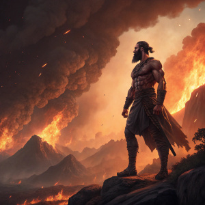 Fantasy artwork: A muscular bearded man, standing with dramatic pose, set against an epic fiery backdrop.