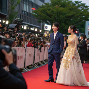 Sota Fukushi and Hirona Yamazaki attending the Tokyo Film Festival premiere. Sota in navy blue suit, Hirona in white gown with gold embroidery. Crowded outdoor setting with flashing cameras