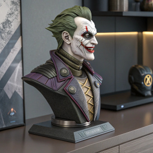 A detailed bust figurine of the Joker character from Cyberpunk 2077. The figure showcases exaggerated features and a unique futuristic design. It is displayed on a sleek, modern shelf.