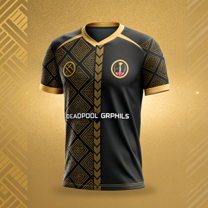 Modern soccer jersey design featuring black and gold colors. Intricate patterns and sporty cut. Structured athletic silhouette. Warm golden-brown background. Deadpool Graphics logo visible.