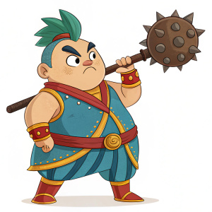 ChuXu, a digital illustration of a cartoon character rooted in Chinese folklore, stands with a determined expression. He sports a robust, broad build and short, spiky green-accented hair. Dressed in vibrant blue, gold, and red traditional attire, ChuXu carries a large, spiky club.