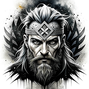 walhalla, viking warrior,  runics face, black work, white backrounds