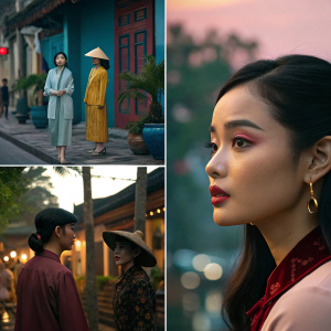 A vibrant montage of Vietnamese scenes from a film. Various characters, diverse in ethnicity and gender, interacting in richly colored settings. Close-up of a young Asian woman with striking makeup. Blend of natural and artificial lighting sets the mood.