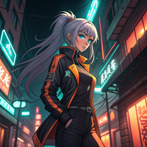 Miyuki, a female anime character, stands confidently in a neon-lit alleyway. Wearing a sleek black and neon orange outfit, she faces a daunting challenge. Her determined blue eyes and flowing gray hair add to her fierce demeanor.