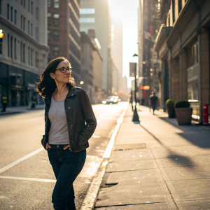 Lisa Kennedy Montgomery, in a casual outfit, standing alone on a sunlit city street. Her dark hair flows freely, wearing simple glasses.