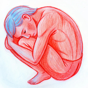 sad red man curled up in fetal position
