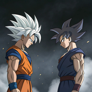 Goku and Gohan, intense expressions, facing Freezer. Dark and dramatic background