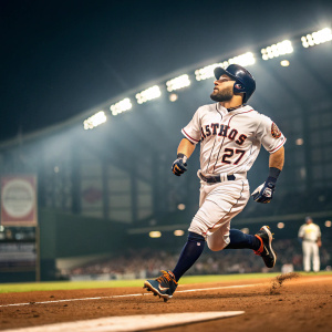 Jose Altuve, baseball star, wearing Houston Astros jersey number 27. Running towards home plate. Stadium lights create blur in background.