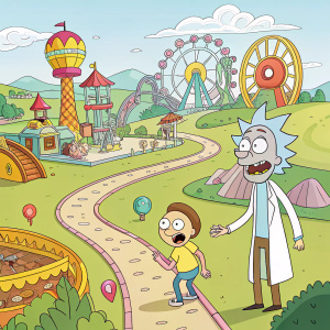 Cartoon box art for Rick and Morty Anatomy Park game. Vibrant illustration featuring main characters in a whimsical park setting with quirky attractions and interactive elements.