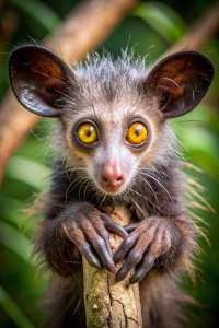 El aye-aye es un primate nocturno de Madagascar con una apariencia inusual y graciosa. Tiene orejas grandes y puntiagudas, ojos saltones y una cola larga y peluda. Sus dedos son delgados y alargados, especialmente el tercer dedo, que utiliza para buscar insectos en la corteza de los árboles. Este dedo extremadamente largo y huesudo le da un aspecto peculiar, y su uso para golpear la madera y escuchar los ecos en busca de presas es bastante curioso y entretenido.