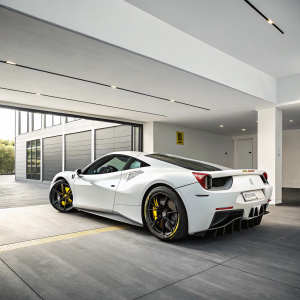 A sleek, white Ferrari 488 GTB parked in a minimalist garage. Black tires with yellow accents. Arrera logo visible. Modern, clean background