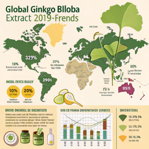 Infographic highlighting global ginkgo biloba extract market trends from 2019-2029. Featuring world map, product illustrations, and data charts. Utilizes green, beige, and other accent colors.