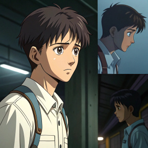 Shinji Ikari, character from Neon Genesis Evangelion. Varying manga panels showcase different expressions and levels of detail. Neutral face in a dimly lit setting.