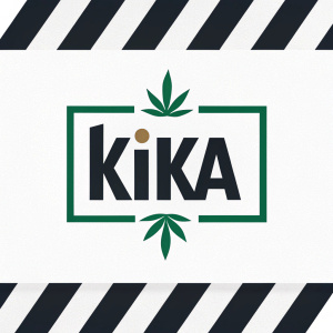 Kika logo design, bold and minimalistic. Clean white background with black stripes. Brand name 'Kika' in modern font. Simple graphic in green hue.