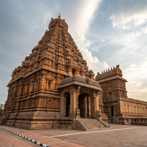 Grandiose Brihadeeswara Temple in Thanjavur, India. Elaborate carvings and sculptures adorn the majestic brown stone structure. Photo captures the temple's awe-inspiring entrance.