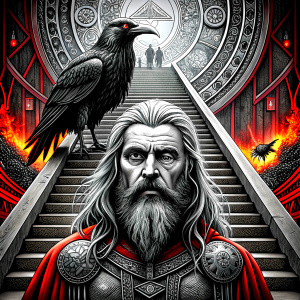 viking and raven in walhalla stairs runen symbols pattern - perfect realistic art, high-definition, high-definition grey and black, white background 