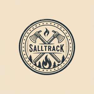 Vintage inspired logo design for Salttrack. Features a circular emblem with an intricate axe and stylized flame. Old-world font style