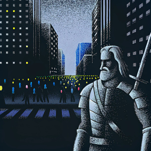 Digital artwork featuring Geralt of Rivia, a bearded warrior with long hair, standing in a bustling cityscape.