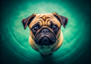 mops dog, sadness, jump, top view, sharp focus, highly detailed, 4k, hdr, smooth, high resolution, award winning photo