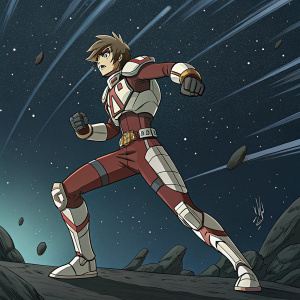 Digital art featuring Ledo from Gargantia on the Verdurous Planet. Dynamic action pose. Dark, starry space background with blurry effect