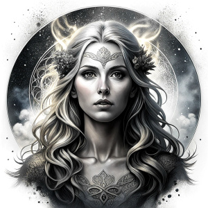 Freya - Nordic Goddess perfect realistic art, high-definition grey and black, white background tattoo design