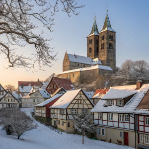 Historic village of Quedlinburg, Germany. Snow-covered rooftops, ancient church spire piercing the sky. Bare trees and traditional timber-framed houses visible.
