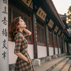 Young Asian woman, mid-twenties, with reddish-brown, wavy hair, posing thoughtfully in a plaid dress. Traditional Chinese architecture with ancient characters in the background. Soft, warm lighting casting shadows