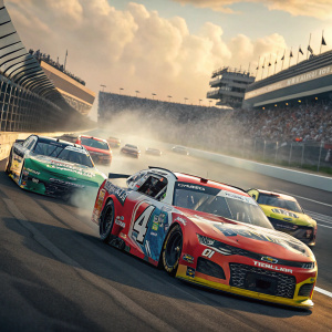 A dynamic shot of NASCAR Xfinity Series racecars zooming past the finish line. Varying sponsor logos and vibrant colors adorn each vehicle.