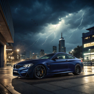 A sleek BMW M4 Competition car in dark blue, parked outside a bustling city under a stormy sky with dramatic lighting effects.
