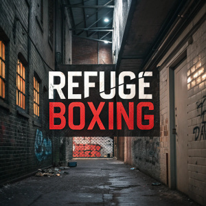 Refuge Boxing logo in dimly lit alleyway. Graffiti covered brick wall