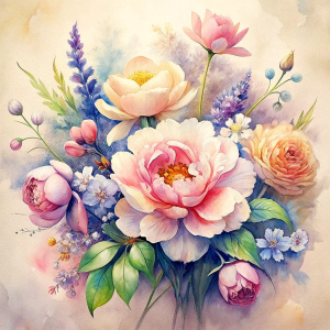 watercolor image ,Pink white Peonies Snowdrops, lobelia, clematis,salvia , carnation, Common Crape Myrtle., Ranunculus viburnum, wax flower, dandelion, geranium , watercolor , watercolor