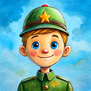 a little defender of the fatherland in military uniform smiles against the background of a clear blue sky