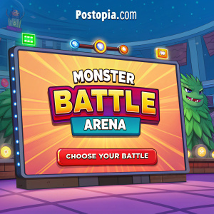 A vibrant, digital 2D game interface for 'Monster Battle Arena' set in the virtual world of Postopia.com. The screen features a colorful, cartoon-like arena with inviting graphics and a prominent 'Choose Your Battle' section, encouraging players to select their monster for an exciting match.