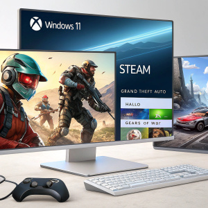 A high-resolution screenshot of a Windows 11 desktop with the Steam website open, showcasing popular games such as Grand Theft Auto, Halo, and Gears of War in a grid layout with large, eye-catching titles.