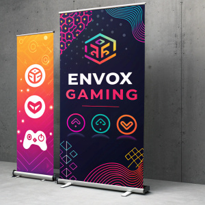 Digital marketing campaign for Envox Gaming featuring banners and social media graphics. Dark background, vibrant logos, and text.