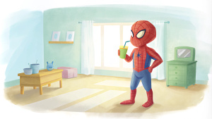 Spiderman drinks juice in the kids room