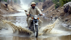 a guy on a motorbike in a puddle revving the engine and trowing back mud, positioned to jump off a small ramp to the other side of the puddle