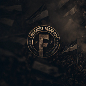 Digital illustration featuring Eintracht Frankfurt's logo. Logo is a bold, stylized design set against a grayscale backdrop. A crowd of fans forms the background, adding depth and grit to the scene. Social media handles are subtly embedded in the composition.