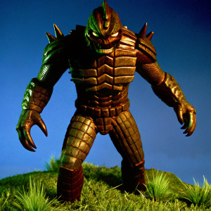 A detailed digital 3D rendering of Baron Nashor from League of Legends. Standing in a fierce, dragon-like stance. Brown, rough-textured skin. Sharp, menacing claws. Against a neutral gray backdrop, focusing on intricate textures.