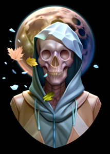 illustration of a skull bowing its head, wearing a hoodie, add elements for a horror feel, leaves falling from a tree, overhead full moon, white background

