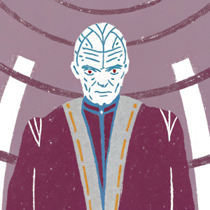 High-definition render of Supreme Leader Snoke from Star Wars: The Force Awakens. Detailed facial features and intricate costume design in a futuristic digital art style.