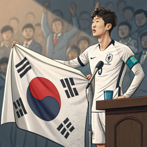 Heung-Min Son, soccer player, posing with South Korean flag during press conference. Blurry audience visible behind.