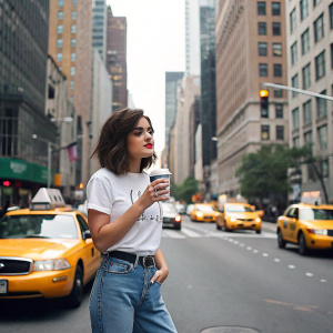 Lucy Hale, wearing a white t-shirt and jeans, sipping from a coffee cup. Stands amidst busy New York City streets, surrounded by tall buildings and yellow taxis.