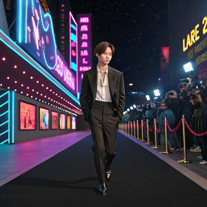Taemin, a South Korean celebrity, walking on a sleek black carpet at a glitzy awards show. Vibrant, neon signs and billboards surround him