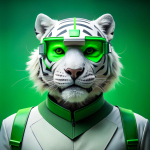 
anime tiger, left profile, block background, a ninja, centered, highly detailed, 3D, green and white colors, sweet, cyber glasses, trader helmet, crypto